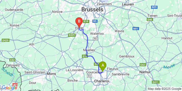 Map: Charleroi Airport Brussels South (CRL) to Halle