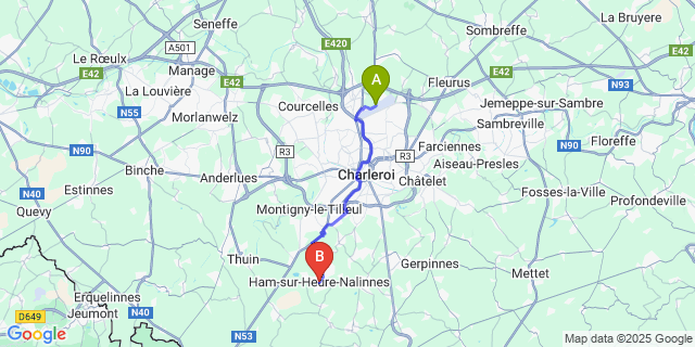Map: Charleroi Airport Brussels South (CRL) to Ham-Sur-Heure-Nalinnes