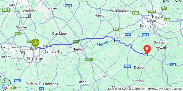 Map: Charleroi Airport Brussels South (CRL) to Hamoir