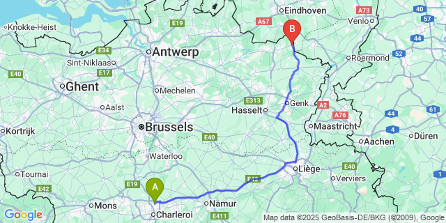 Map: Charleroi Airport Brussels South (CRL) to Hamont-Achel