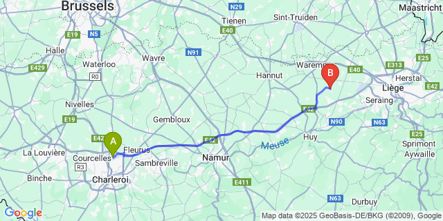 Map: Charleroi Airport Brussels South (CRL) to Haneffe