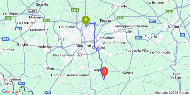 Map: Charleroi Airport Brussels South (CRL) to Hanzinne