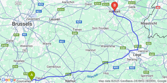 Map: Charleroi Airport Brussels South (CRL) to Hasselt