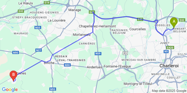 Map: Charleroi Airport Brussels South (CRL) to Haulchin