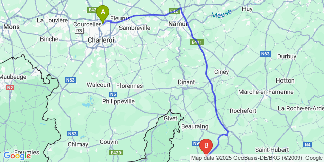 Map: Charleroi Airport Brussels South (CRL) to Haut-Fays