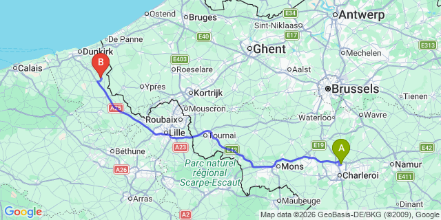 Map: Charleroi Airport Brussels South (CRL) to Hazebrouck