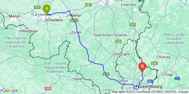 Map: Charleroi Airport Brussels South (CRL) to Heffingen