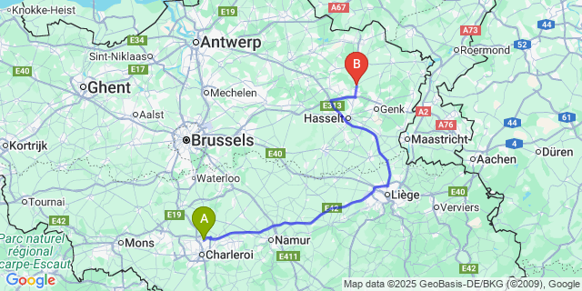 Map: Charleroi Airport Brussels South (CRL) to Helchteren