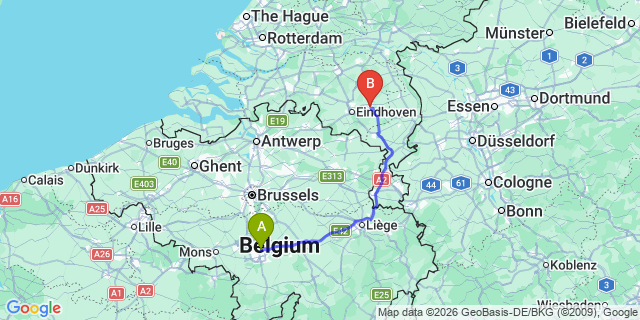 Map: Charleroi Airport Brussels South (CRL) to Helmond