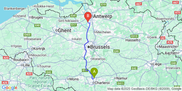Map: Charleroi Airport Brussels South (CRL) to Hemiksem