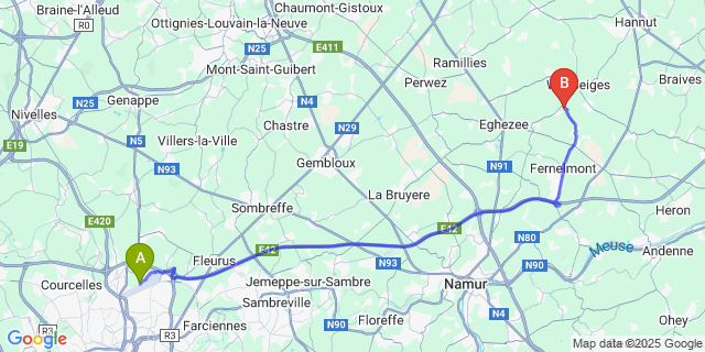 Map: Charleroi Airport Brussels South (CRL) to Hemptinne (Fernelmont)