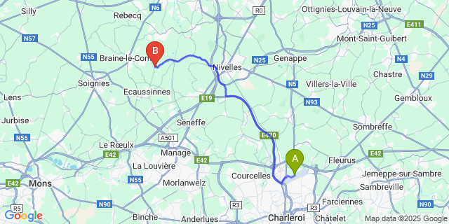 Map: Charleroi Airport Brussels South (CRL) to Henripont