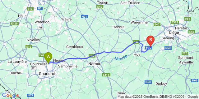 Map: Charleroi Airport Brussels South (CRL) to Hermalle-Sous-Huy