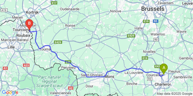 Map: Charleroi Airport Brussels South (CRL) to Herseaux