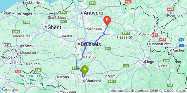 Map: Charleroi Airport Brussels South (CRL) to Herselt