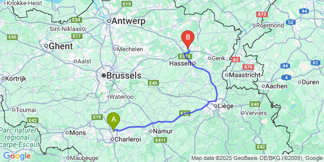 Map: Charleroi Airport Brussels South (CRL) to Heusden-Zolder