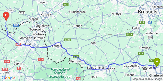 Map: Charleroi Airport Brussels South (CRL) to Heuvelland