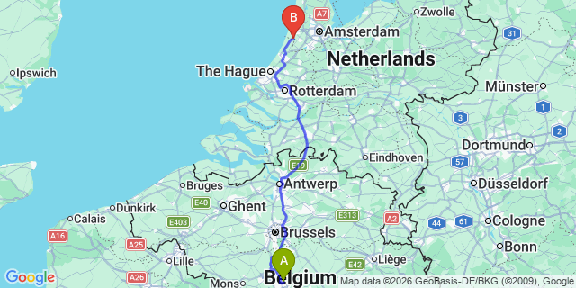 Map: Charleroi Airport Brussels South (CRL) to Hillegom