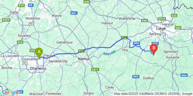 Map: Charleroi Airport Brussels South (CRL) to Hody