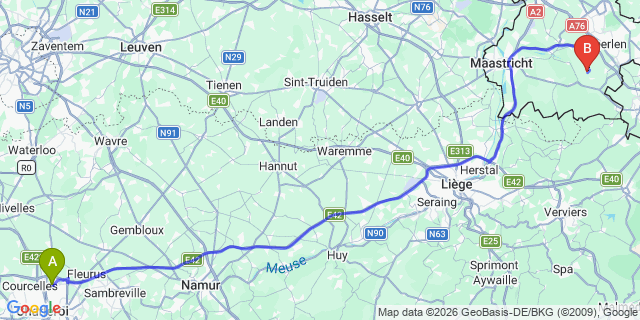 Map: Charleroi Airport Brussels South (CRL) to Hoensbroek
