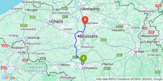 Map: Charleroi Airport Brussels South (CRL) to Hofstade