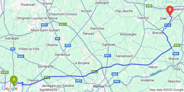 Map: Charleroi Airport Brussels South (CRL) to Hollogne-Sur-Geer