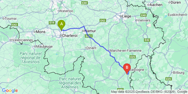 Map: Charleroi Airport Brussels South (CRL) to Hompré