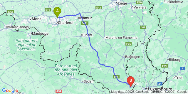 Map: Charleroi Airport Brussels South (CRL) to Hondelange