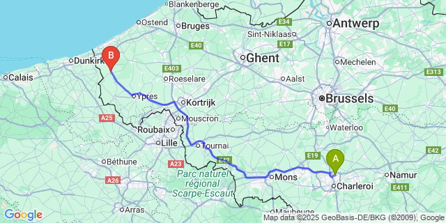 Map: Charleroi Airport Brussels South (CRL) to Hoogstade