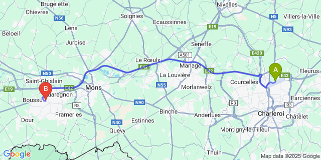 Map: Charleroi Airport Brussels South (CRL) to Hornu