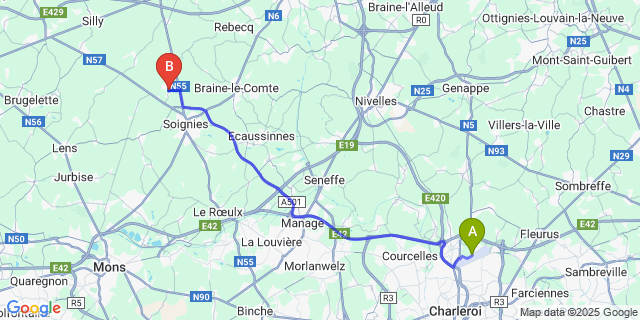 Map: Charleroi Airport Brussels South (CRL) to Horrues