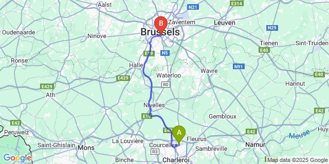 Map: Charleroi Airport Brussels South (CRL) to Hotel Le Berger, Brussels
