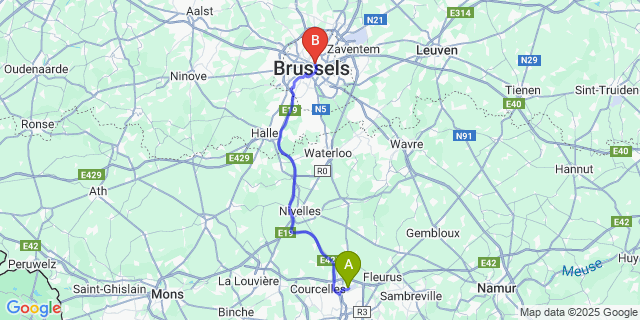 Map: Charleroi Airport Brussels South (CRL) to Hotel Retro, Brussels