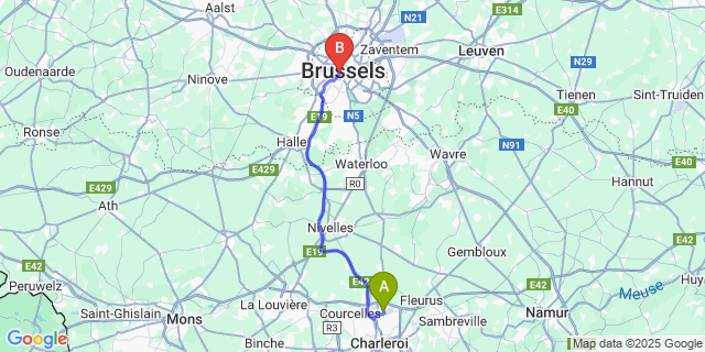 Map: Charleroi Airport Brussels South (CRL) to HOTEL WINDSOR, Brussels