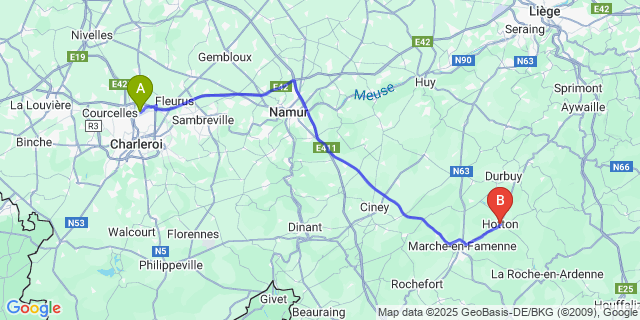 Map: Charleroi Airport Brussels South (CRL) to Hotton