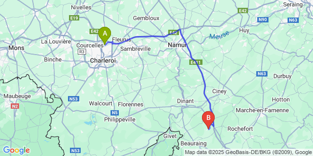 Map: Charleroi Airport Brussels South (CRL) to Hour