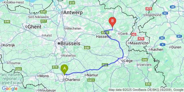 Map: Charleroi Airport Brussels South (CRL) to Houthalen-Helchteren
