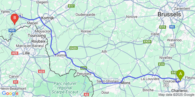 Map: Charleroi Airport Brussels South (CRL) to Houthem