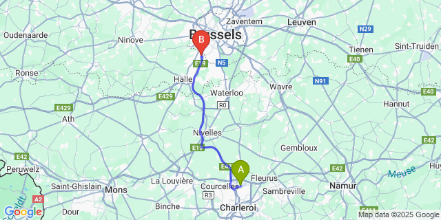 Map: Charleroi Airport Brussels South (CRL) to ibis budget Brussels South Ruisbroek