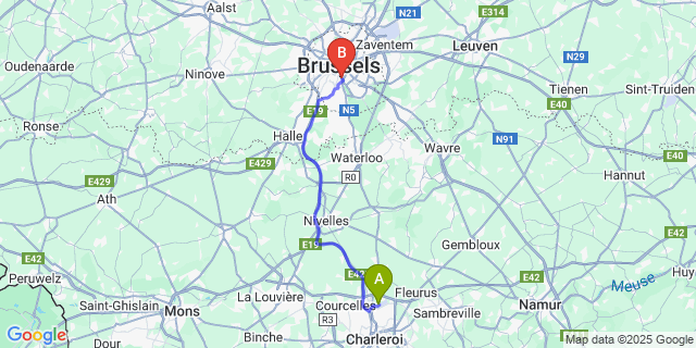 Map: Charleroi Airport Brussels South (CRL) to ibis Styles Brussels Louise