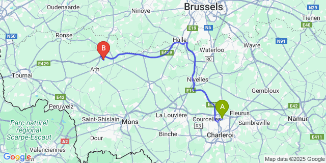Map: Charleroi Airport Brussels South (CRL) to Isieres