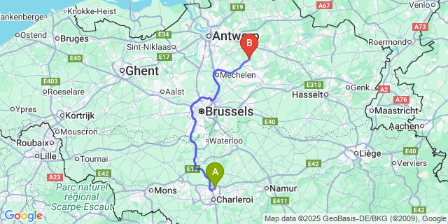 Map: Charleroi Airport Brussels South (CRL) to Itegem
