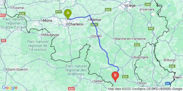 Map: Charleroi Airport Brussels South (CRL) to Izel