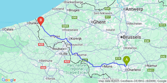 Map: Charleroi Airport Brussels South (CRL) to Izenberge