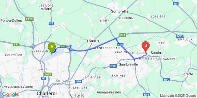Map: Charleroi Airport Brussels South (CRL) to Jemeppe-sur-Sambre