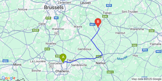 Map: Charleroi Airport Brussels South (CRL) to Jodoigne-Souveraine