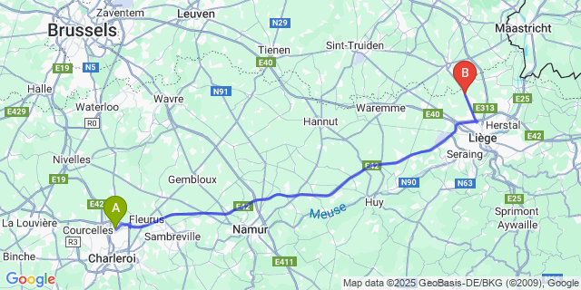 Map: Charleroi Airport Brussels South (CRL) to Juprelle