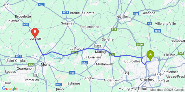 Map: Charleroi Airport Brussels South (CRL) to Jurbise
