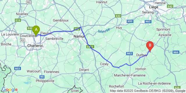 Map: Charleroi Airport Brussels South (CRL) to Juzaine