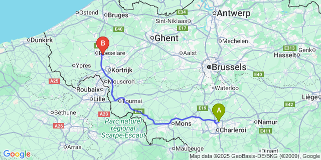 Map: Charleroi Airport Brussels South (CRL) to Kachtem
